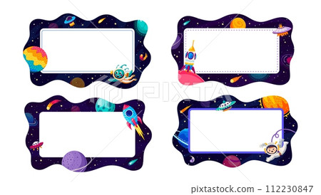 Cartoon galaxy space kid frames or borders with vector landscape of rockets, UFO spaceships and planets, astronaut and alien characters on starry sky background. Space frames set of galaxy adventure Cartoon galaxy space kid frames or borders with vector landscape of rockets, UFO spaceships and planets, astronaut and alien characters on starry sky background. Space frames set of galaxy adventure 112230847