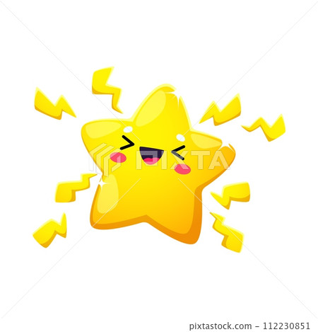 Cartoon excited kawaii star character or twinkle vector personage with lightnings and happy smiling face. Shining yellow superstar emoji, starry space emoticon, twinkle star with high voltage signs 112230851