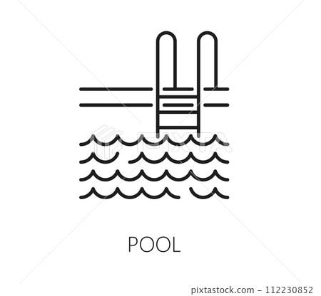 Real estate line art icon with pool. Real estate property, rent market outline symbol, dwelling sale company or house loan service thin line vector sign or pictogram with house pool ladder 112230852