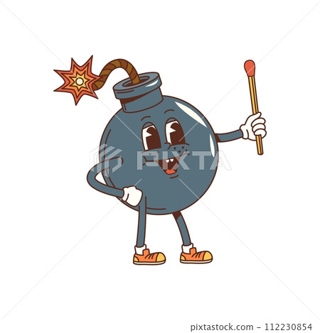 Groovy vintage bomb funny cartoon character. Retro funny explosive mascot, groovy happy dynamite personage or vintage cute isolated vector sticker. Bomb cheerful character with flaming fuse and match 112230854
