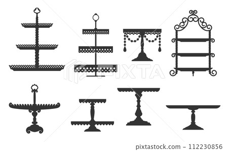 Tea and wedding cake platter, stand and tray silhouettes. Elegant black vector tables or plates for fruits and desserts served during festive events and ceremonies, symbolizing joy and refinement Tea and wedding cake platter, stand and tray silhouettes. Elegant black vector tables or plates for fruits and desserts served during festive events and ceremonies, symbolizing joy and refinement 112230856