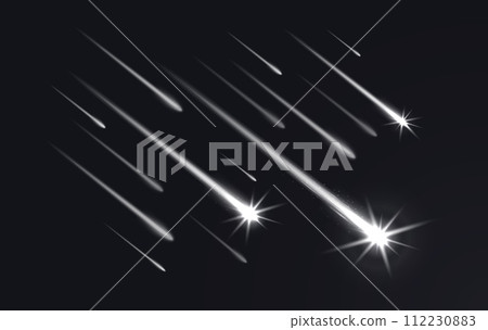 Realistic sky shooting stars with trails, falling comets and meteors. 3d vector celestial bodies streak across the night sky, leaving dazzling traces of light due to friction with Earth atmosphere Realistic sky shooting stars with trails, falling comets and meteors. 3d vector celestial bodies streak across the night sky, leaving dazzling traces of light due to friction with Earth atmosphere 112230883