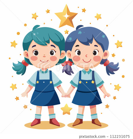cute Gemini with golden stars illustration on white background 112231075
