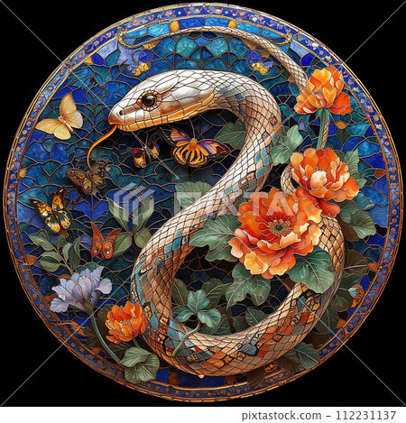 AI-generated content. Vitreous enamel like old persian art, showing an snake in a really traditional miniature design and some butterflies AI-generated content. Vitreous enamel like old persian art, showing an snake in a really traditional miniature design and some butterflies 112231137