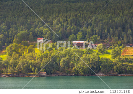 Norway, Olden village and fjord summer landscape 112231188