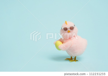 small cool chick in sunglasses with Easter egg on blue background, copy space 112231233