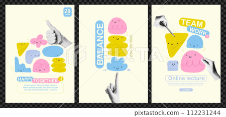 Set of posters with abstract faces with shapes and collage hands with halftone effect. Vector fun and flat illustration with scribble lines and textures. 112231244