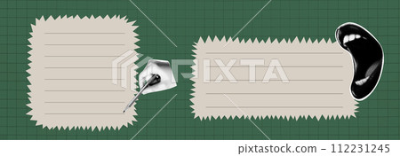 Set of vector torn papers with collage elements. Black and white and green in trendy popart style. Ripped banners vintage art on grid background Set of vector torn papers with collage elements. Black and white and green in trendy popart style. Ripped banners vintage art on grid background 112231245