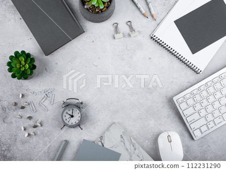 Top view work desk office workspace 112231290