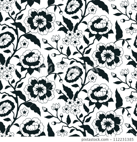 Seamless pattern with monochrome chinoiserie hand drawn motifs Seamless pattern with monochrome chinoiserie hand drawn motifs 112231385