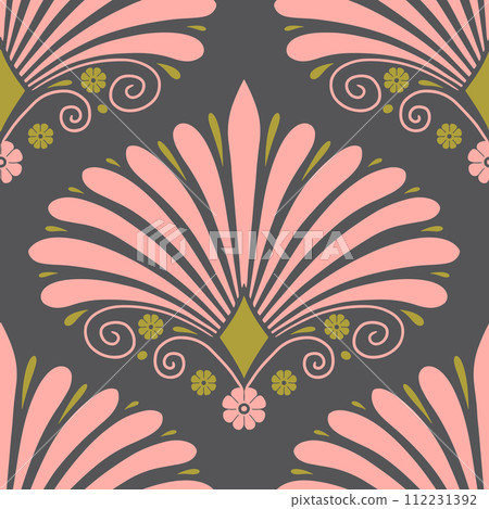 Seamless pattern with pink anthemion floral motifs on a dark gray background Seamless pattern with pink anthemion floral motifs on a dark gray background 112231392