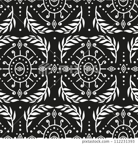 Seamless white Damask pattern on a black background. Seamless white Damask pattern on a black background. 112231393
