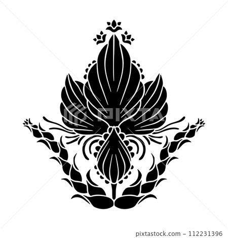 Hand drawn black floral Damask motif isolated on white background Hand drawn black floral Damask motif isolated on white background 112231396