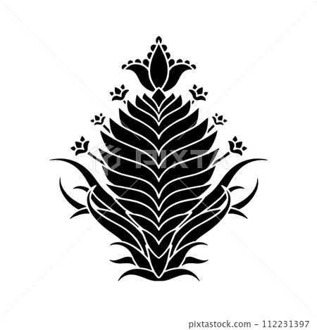 Hand drawn black floral Damask motif isolated on white background Hand drawn black floral Damask motif isolated on white background 112231397