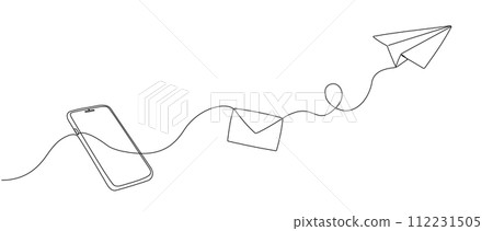 Continuous single line editable drawing of an envelope flying out and a paper airplane from a smartphone. Concept of mobile chat messages, in simple doodle style. Vector illustration 112231505