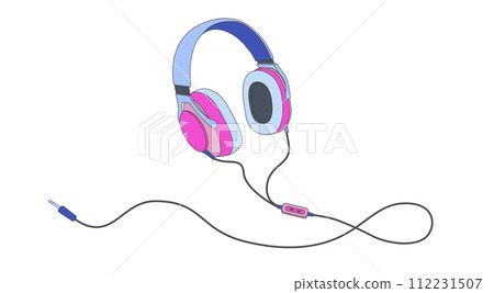 Retro 80s, 90s headphones in a modern style. Fashion print for clothing. Concept for DJ, party. Vector illustration. 112231507