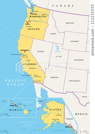 West Coast region of the United States, with Alaska and Hawaii, political map. Also known as Pacific Coast, Pacific Seaboard and Western Seaboard. Alaska, California, Hawaii, Oregon, and Washington. 112231555