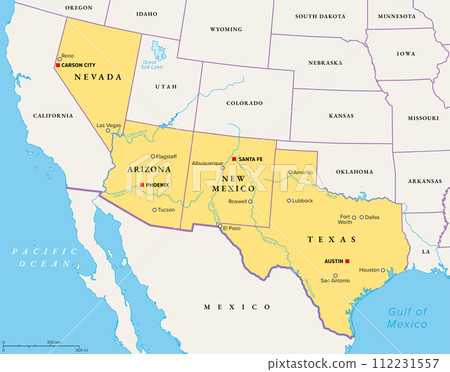 Southwest region of the United States, political map. States of the American Southwest or simply Southwest. Geographical and cultural region, bordered by Mexico. Arizona, New Mexico, Nevada and Texas. 112231557