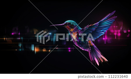 Big data visualization. Flight of a digital humming bird in neon colors. Information aesthetic design. Generative AI 112231640