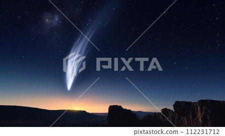 An awe-inspiring commercial photograph portraying the majesty of a comet streaking through the cosmos. Generative AI 112231712