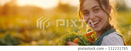 Caucasian girl harvesting carrots on the farm. Caucasian girl harvesting carrots on the farm. 112231785