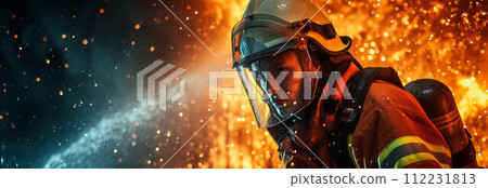 Caucasian male firefighter performing duties in a burning building. 112231813