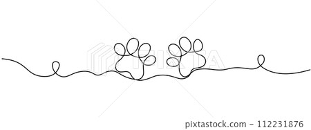 Drawing the paw of a dog or cat with a continuous line. Footprint design. One line art paw print. Vector illustration. 112231876