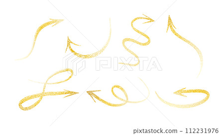 A set of gold grunge arrow symbols. A directional indicator or growth symbol. Vector illustration on transparent background. 112231976