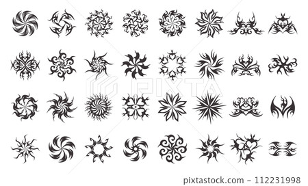 Retro, acid, y2k creative radial icons. Tribal brutalist mandalas set elements. Starburst for decorations. Vector illustration 112231998