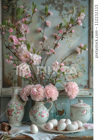 AI-generated content. A porcelain vase showcasing a creative arrangement of pink flowers, eggs, and twigs on a table, creating a beautiful spring centerpiece 112232115