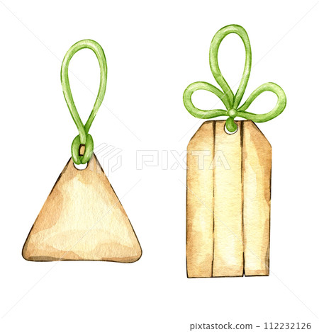 Watercolor hand painted tags with ribbons isolated on white background. Light green ribbon and brown label. Watercolor clipart set for holidays gift tags. Watercolor hand painted tags with ribbons isolated on white background. Light green ribbon and brown label. Watercolor clipart set for holidays gift tags. 112232126
