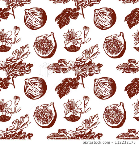 Fig graphics, seamless pattern. Vector illustration. Design element for food, cosmetics, cards, wallpaper, wrapping paper, textile, fabric, covers. 112232173