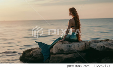 Young mermaid sitting on a rock on an island in the sea. 112232174