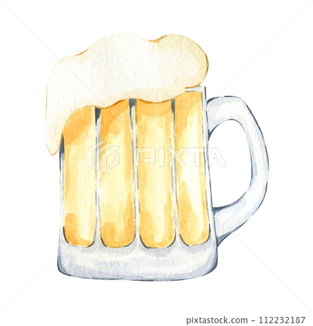 Watercolor hand drawn st patrick's day illustration of mug with beer isolated on white background. October fest clipart. Glass mug of beer with foam on top 112232187