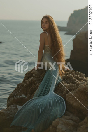 Young mermaid sitting on a rock on an island in the sea. 112232193