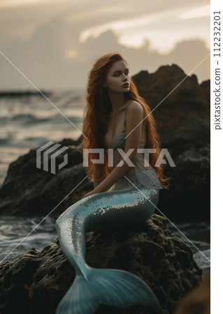 Young mermaid sitting on a rock on an island in the sea. 112232201