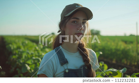Caucasian female farmer wearing overalls working in the garden. 112232281