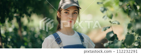 Caucasian female farmer wearing overalls working in the garden. 112232291