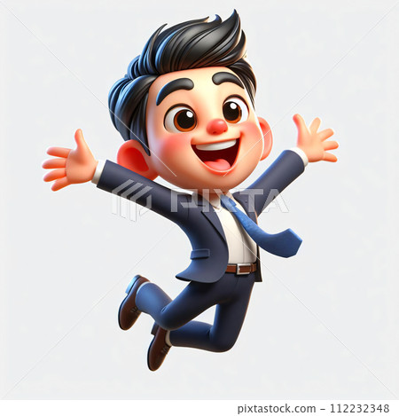 AI-generated content. 3D cartoon style portrayal of a joyful businessman jumping, bright colors, exaggerated features, detailed textures film concept, generative AI. 112232348