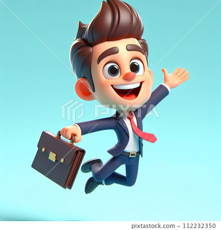 AI-generated content. 3D animated businessman expresses joy, bright colors, exaggerated features, detailed shading commercial art, generative AI. 112232350