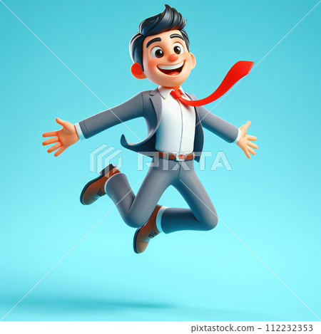 AI-generated content. 3D cartoon businessman jumps with joy, bright colors, exaggerated features, detailed shading commercial art, generative AI. 112232353