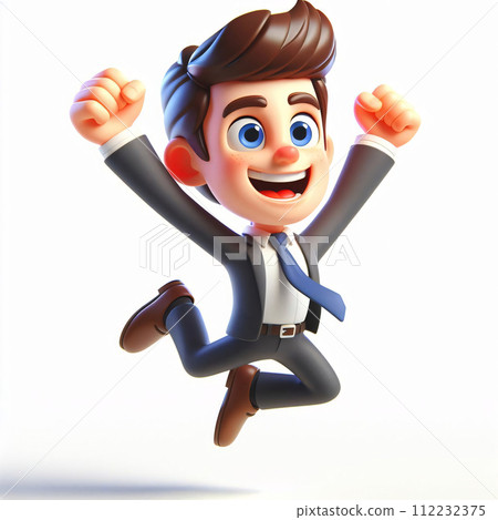 AI-generated content. Joyful businessman in 3D animated style leaps with bright colors, exaggerated features, detailed textures commercial art, generative AI. 112232375