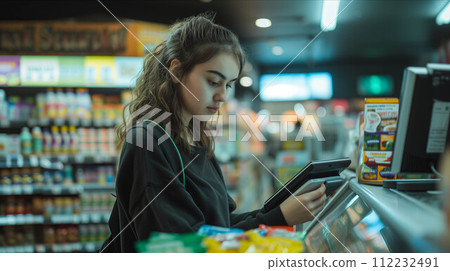 Caucasian female cashier scanning merchandise in convenience store. 112232491