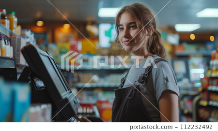 Caucasian female cashier scanning merchandise in convenience store. 112232492