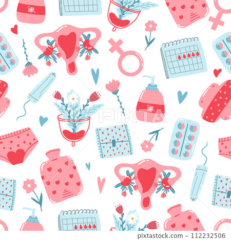 Hand drawn seamless pattern with menstrual period items as underwear, pads, tampons, blood drops. Colorful wallpaper in cartoon style. 112232506