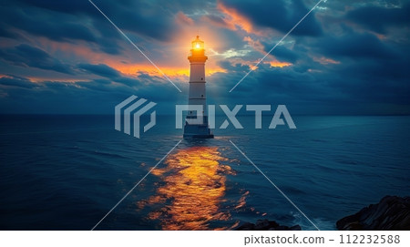 Lighthouse on Cliff Overlooking Ocean 112232588