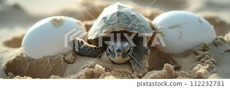 Sea turtles are hatching from eggs on the beach. Sea turtles are hatching from eggs on the beach. 112232781