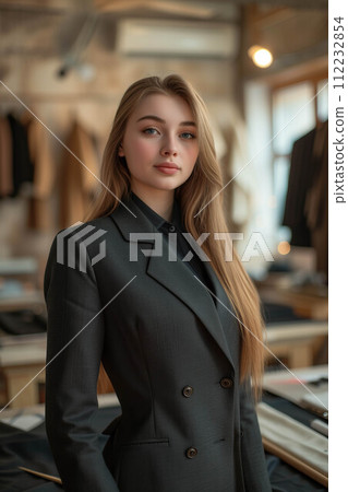 Caucasian woman smiling with confidence in tailor shop. 112232854