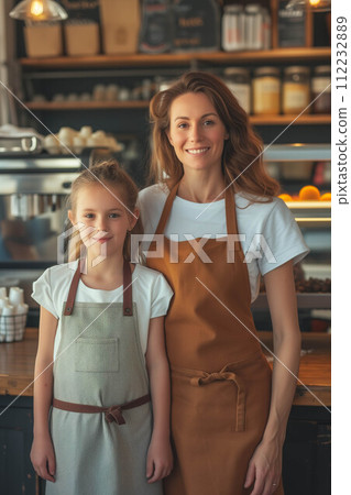 Caucasian mother and daughter hugging each other in a coffee shop. 112232889