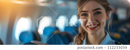 Caucasian female stewardess in uniform smiles with confidence in the interior of an airplane cabin. 112233039